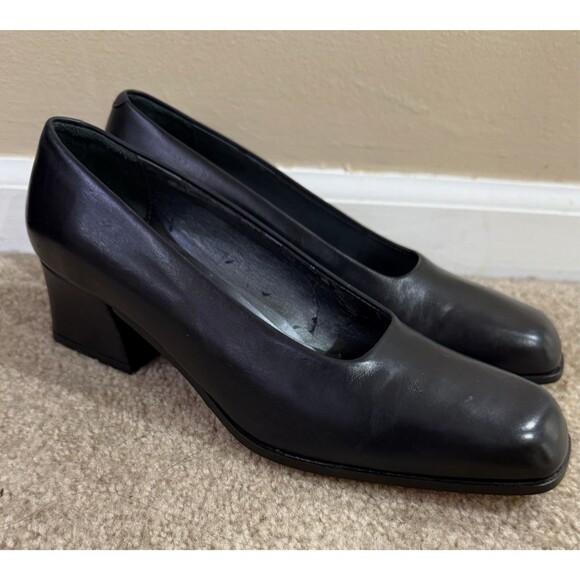 Nickels Shoes - Nickels Black Leather Block Heel Pumps Square Toe Women 7.5 Shoes Made In Italy
